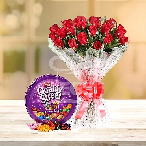 24 RED ROSES AND QUALITY STREET CHOCOLATE 240GRAMS