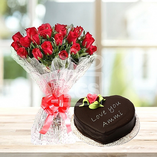 24 REDE ROSES WITH HAERT SHAPE MOTHER DAY CAKE