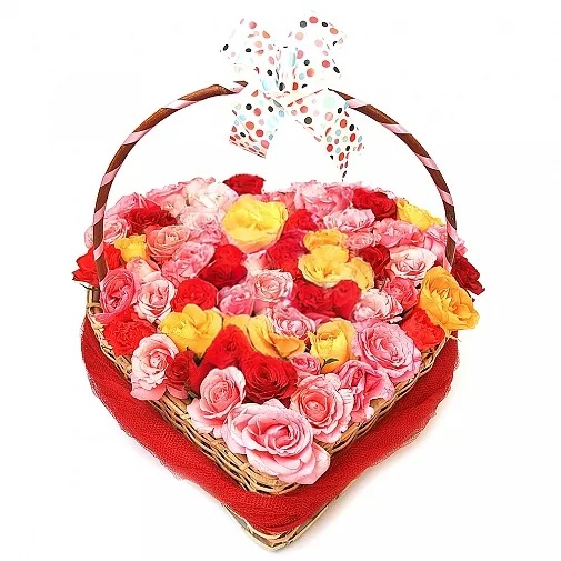 COLOUR FUL ROSES IN HEART BASKET