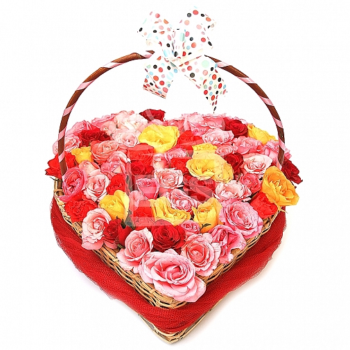 COLOUR FUL ROSES IN HEART BASKET