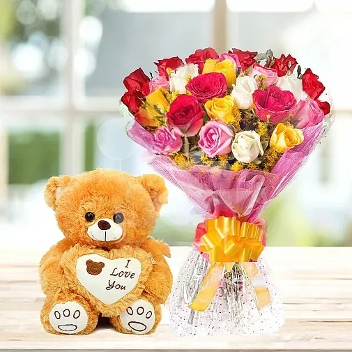 MIX ROSE BOUQUET WITH TEDDY