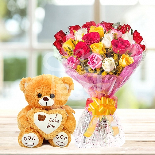 MIX ROSE BOUQUET WITH TEDDY