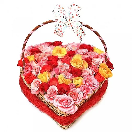 MIX ROSES HEART BASKET FOR ANNIVERSARY