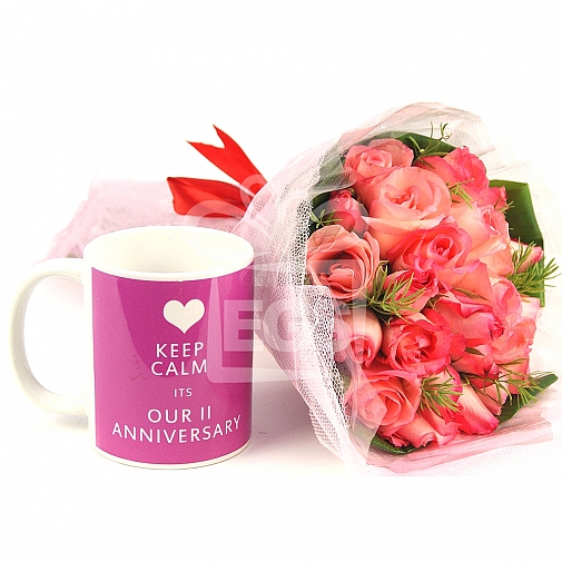 PINK ROSES BOUQUET WITH CUP