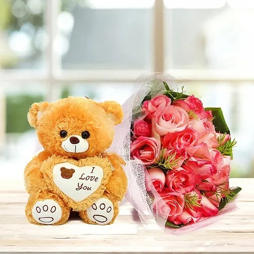 PINK ROSES BOUQUET WITH TEDDY BEAR