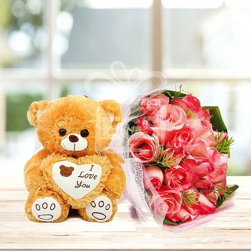 PINK ROSES BOUQUET WITH TEDDY BEAR