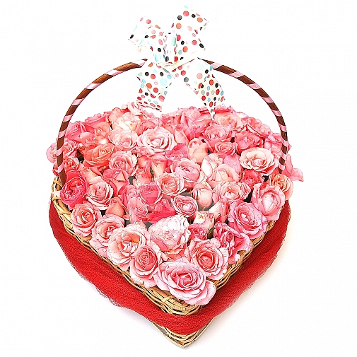 PRETTY PINK ROSES WITH HEART BASKET